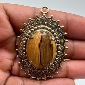 Petrified Wood Pendant Necklace Agate Natural Gemstone Gold Plated Jewelry READ